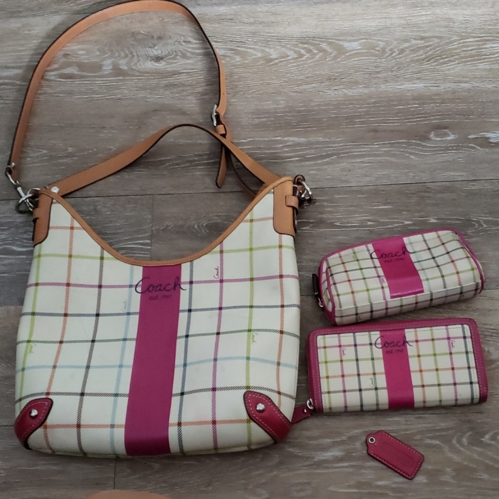 Coach Tattersall Magenta Purse with wallet & bag